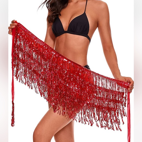 “Women’s belly dance hip scarf with sparkly fringe rave party sequin skirt” - Picture 3 of 5